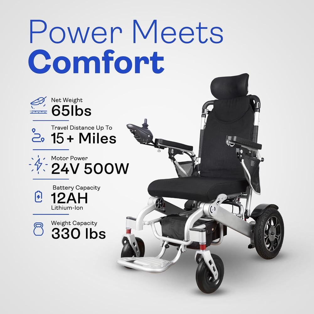 Reclining Electric Wheelchair, for Adults with Remote Control, Lightweight Foldable Powered Wheelchair with Headrest, with 12AH Lithium Batteries, 500W Motor