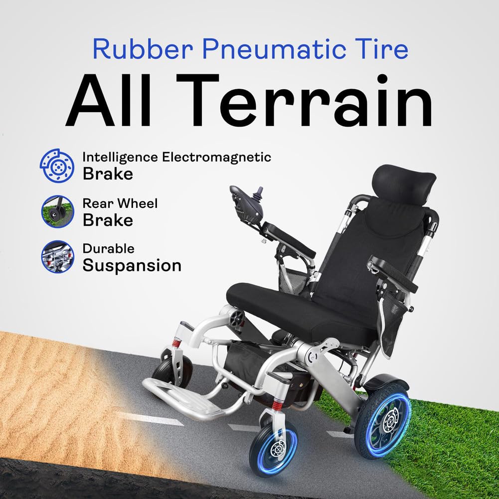 Reclining Electric Wheelchair, for Adults with Remote Control, Lightweight Foldable Powered Wheelchair with Headrest, with 12AH Lithium Batteries, 500W Motor