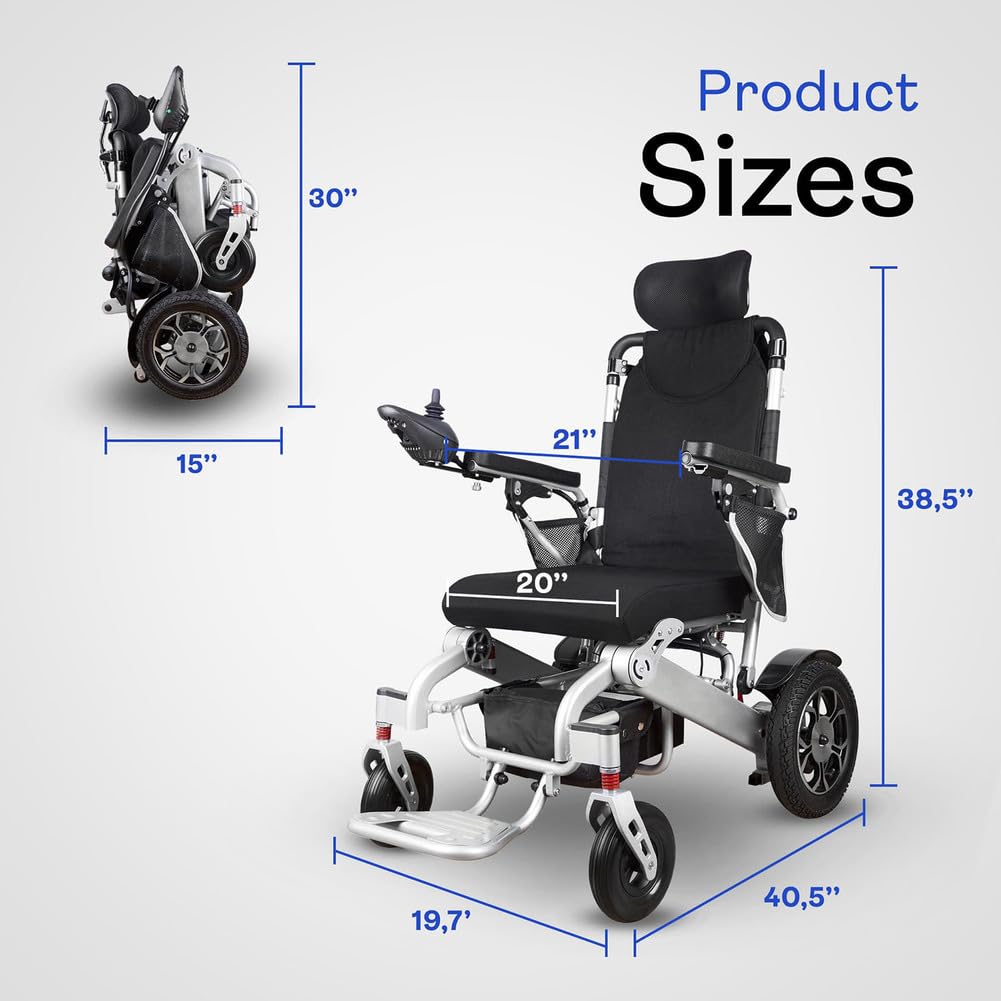 Reclining Electric Wheelchair, for Adults with Remote Control, Lightweight Foldable Powered Wheelchair with Headrest, with 12AH Lithium Batteries, 500W Motor