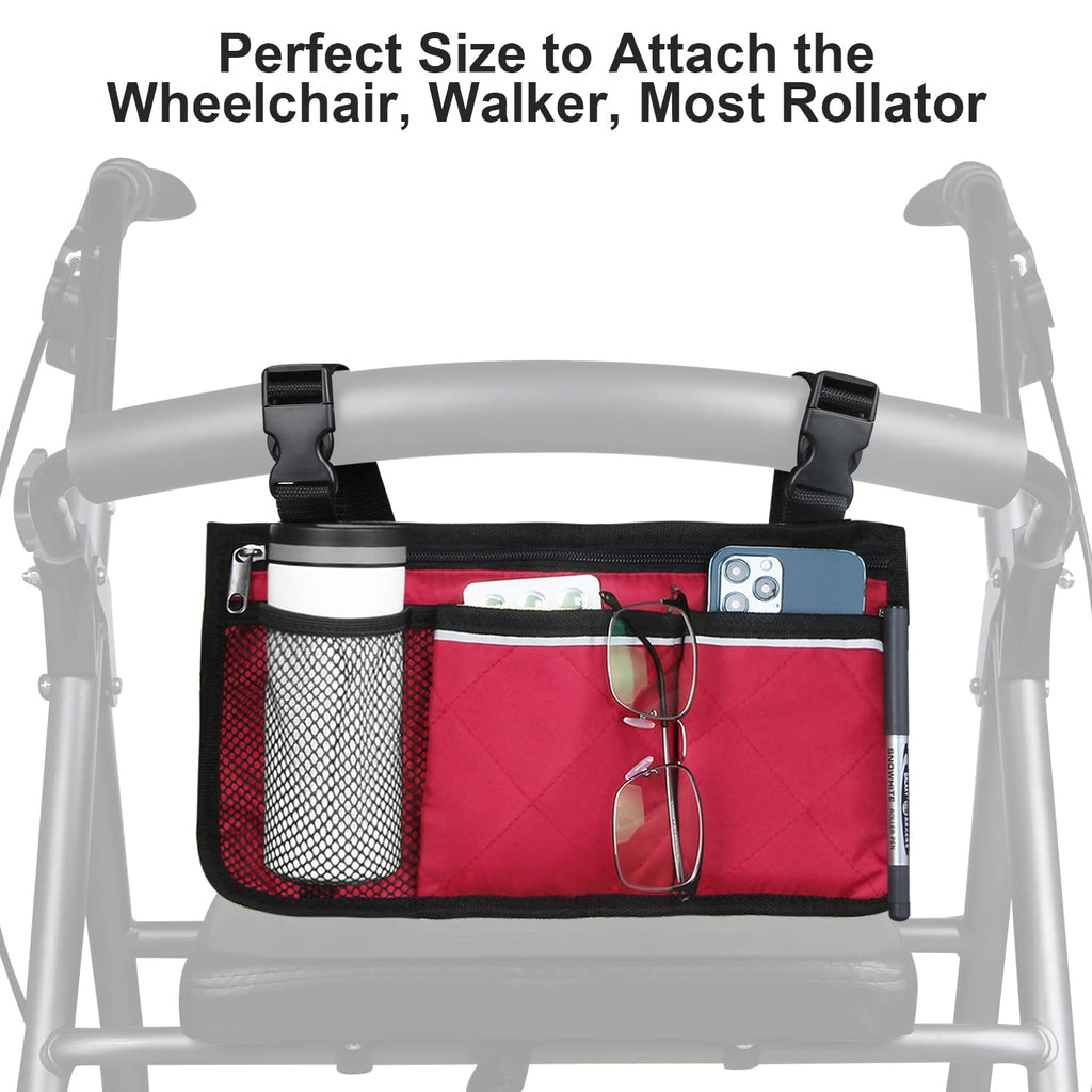Belvas Wheelchair Side Bag, Armrest Storage Pouch with Cup Holder and Reflective Strip for Wheelchairs, Walkers or Rollators (Red)