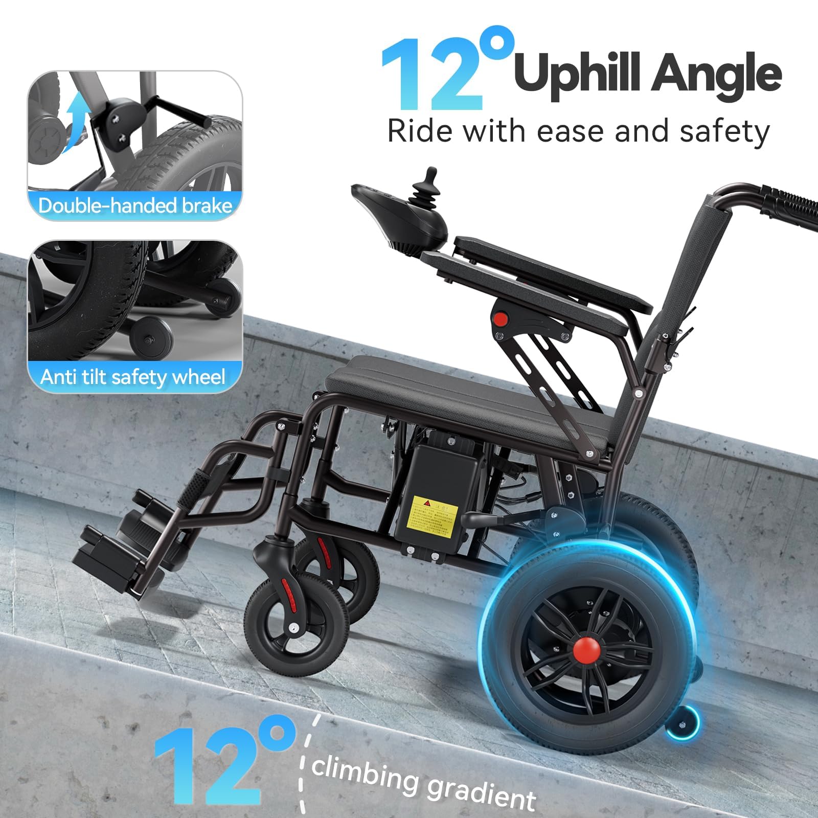 Electric Wheelchair for Adults - 25km Long Travel Range, Lightweight Folding, Motorized Power Chair for Indoor/Outdoor Mobility - Compact Size - Black