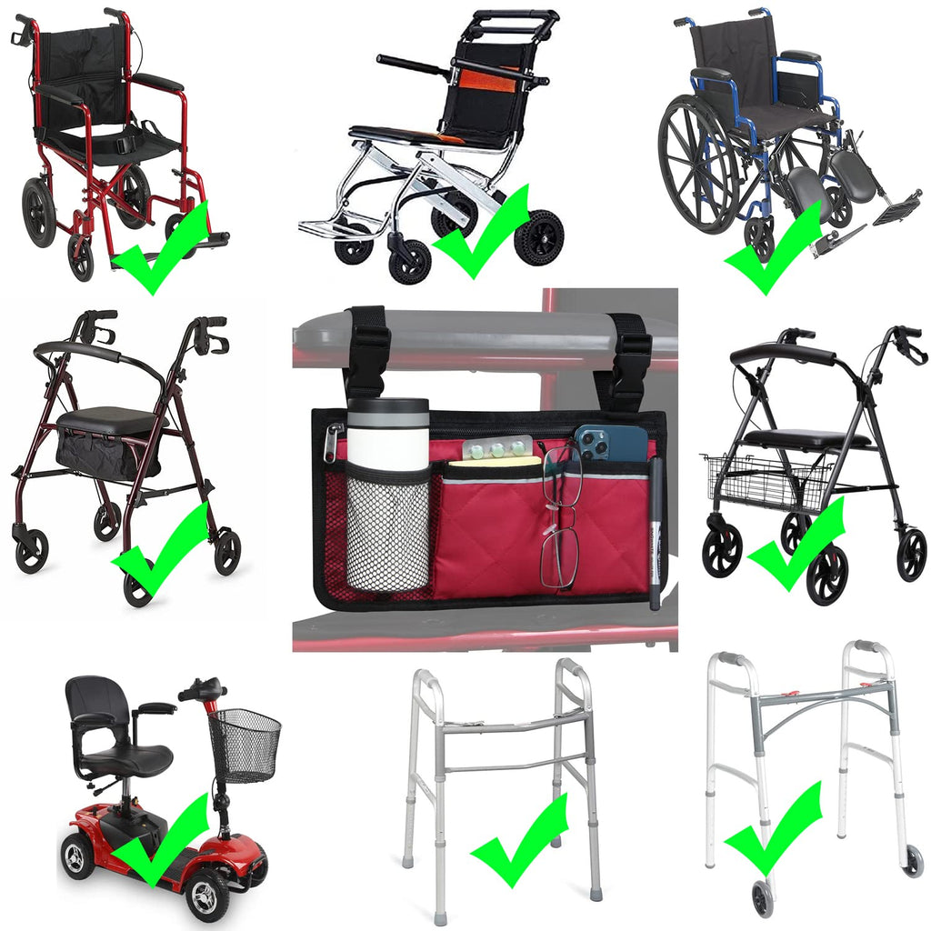 Belvas Wheelchair Side Bag, Armrest Storage Pouch with Cup Holder and Reflective Strip for Wheelchairs, Walkers or Rollators (Red)
