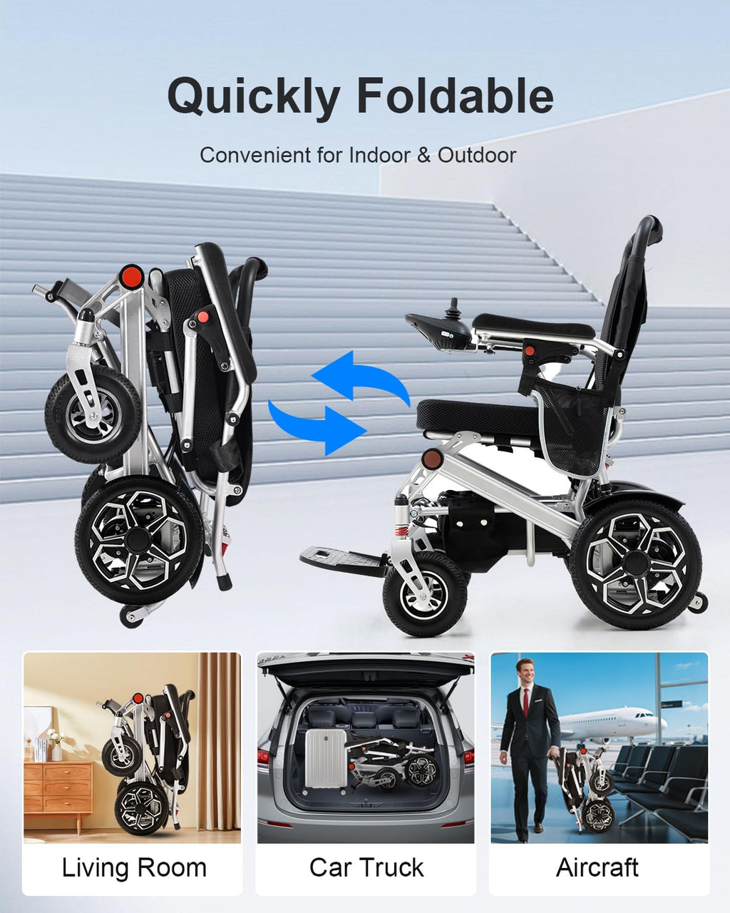 D10 Foldable Electric Wheelchair for Adults with Removable 12Ah Lithium Battery, 500W Motor, 20km Range, 150kg Capacity, Lightweight Aluminium Powerchair-Travel & Airplane Approved