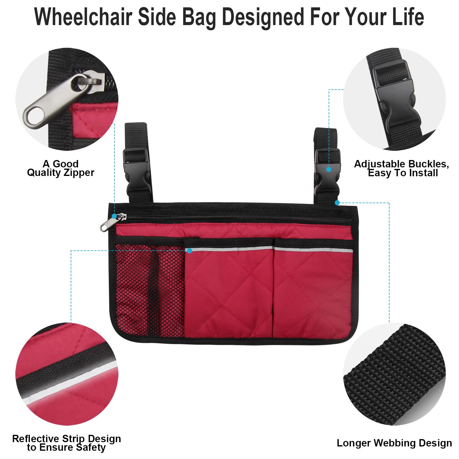 Belvas Wheelchair Side Bag, Armrest Storage Pouch with Cup Holder and Reflective Strip for Wheelchairs, Walkers or Rollators (Red)