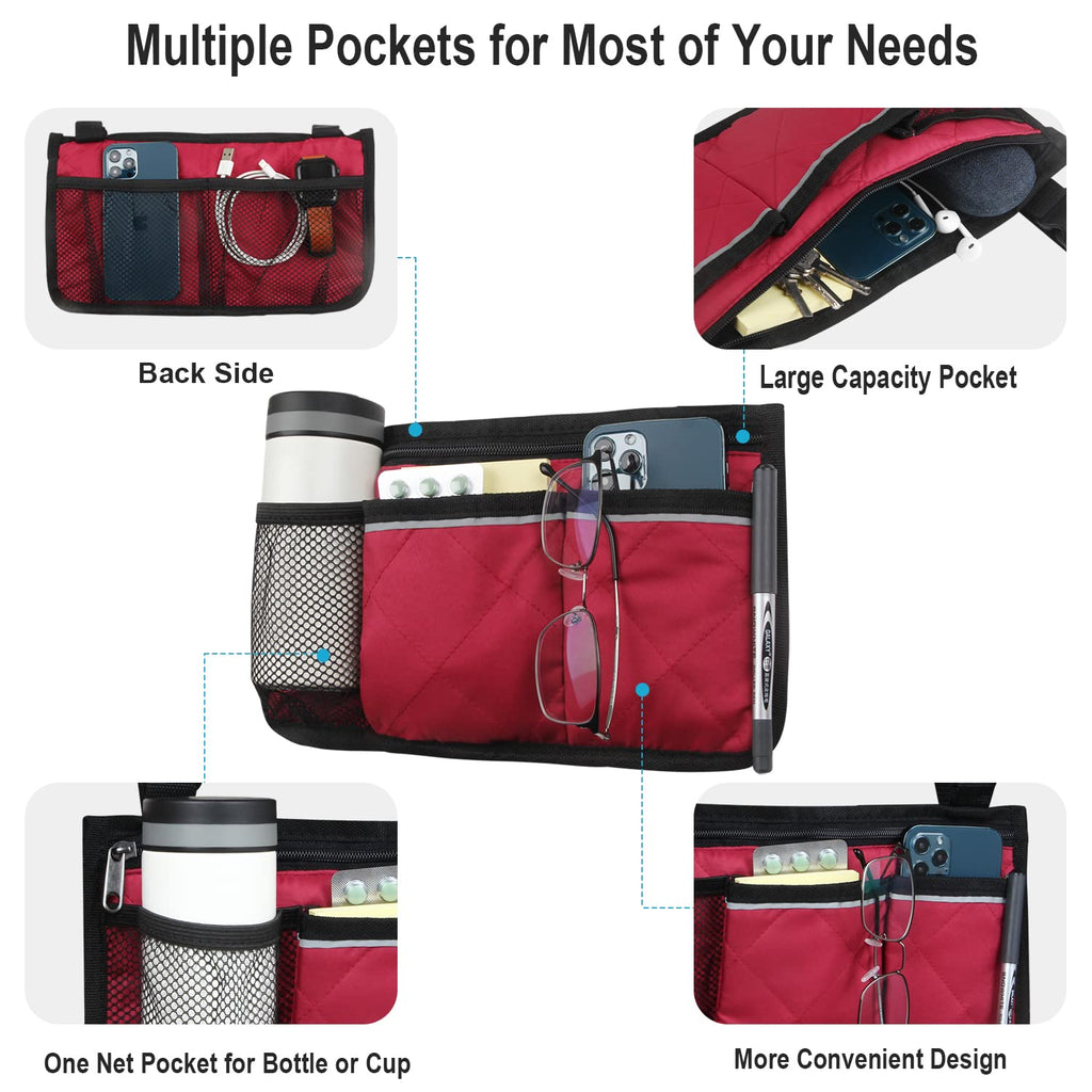Belvas Wheelchair Side Bag, Armrest Storage Pouch with Cup Holder and Reflective Strip for Wheelchairs, Walkers or Rollators (Red)