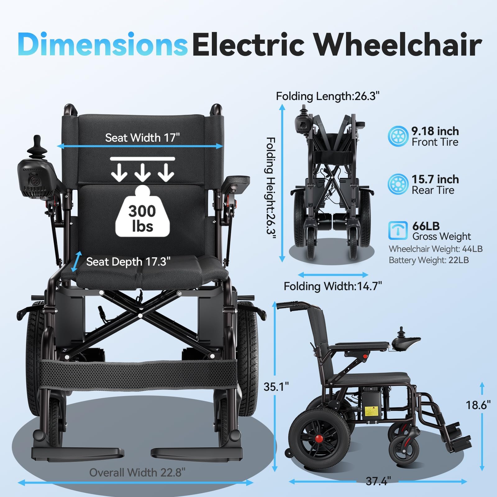 Electric Wheelchair for Adults - 25km Long Travel Range, Lightweight Folding, Motorized Power Chair for Indoor/Outdoor Mobility - Compact Size - Black