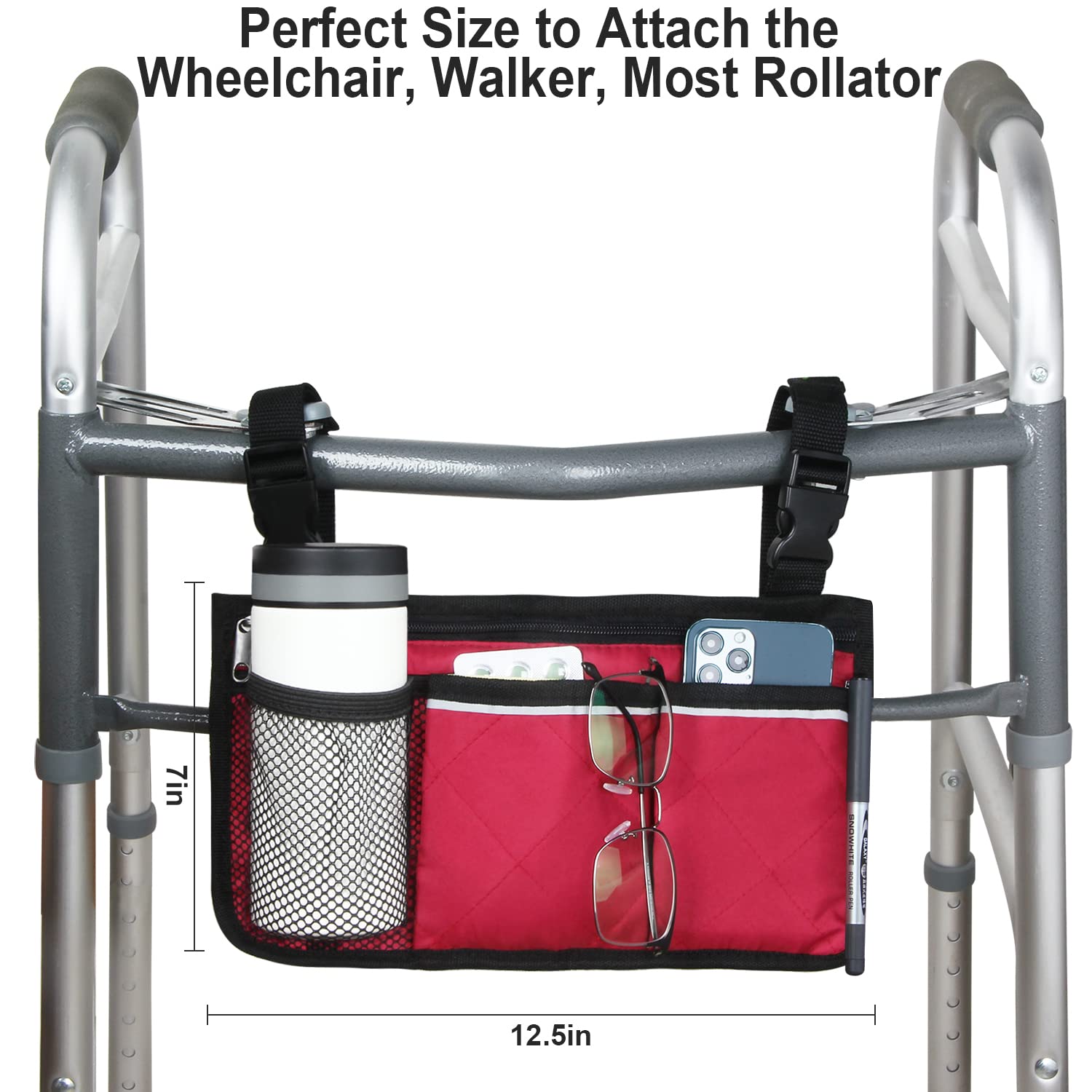 Belvas Wheelchair Side Bag, Armrest Storage Pouch with Cup Holder and Reflective Strip for Wheelchairs, Walkers or Rollators (Red)
