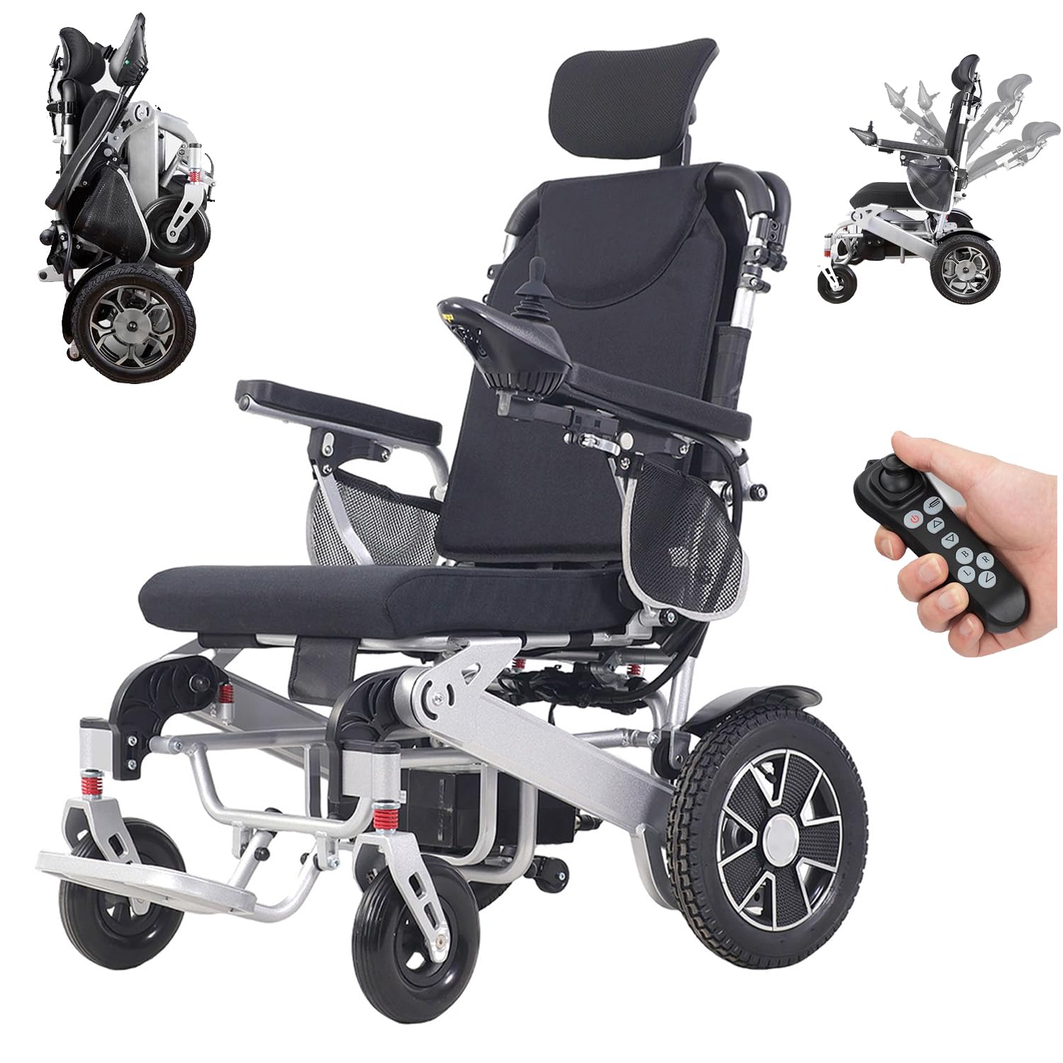 Reclining Electric Wheelchair, for Adults with Remote Control, Lightweight Foldable Powered Wheelchair with Headrest, with 12AH Lithium Batteries, 500W Motor
